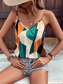 SHEIN LUNE Women's V-Neck Backless Bow Tie Sleeveless Printed Casual Vacation Tank Top