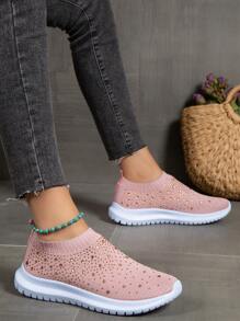 Sporty Running Shoes For Women, Rhinestone Decor Knit Detail Slip-on Sneakers - Pink - View 3
