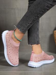 Sporty Running Shoes For Women, Rhinestone Decor Knit Detail Slip-on Sneakers - Pink - View 4