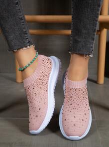 Sporty Running Shoes For Women, Rhinestone Decor Knit Detail Slip-on Sneakers - Pink - View 5