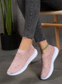 Sporty Running Shoes For Women, Rhinestone Decor Knit Detail Slip-on Sneakers - Pink - View 6