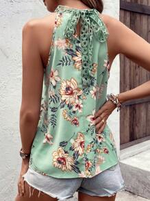 SHEIN Clasi 印花後鎖孔繞頸襯衫 - 綠色 - 查看 2