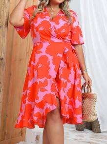 SHEIN Clasi Plus Allover Print Knot Side Ruffle Trim Wrap Dress - Pink - View 4