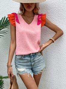 SHEIN LUNE Contrast Ruffle Trim Butterfly Sleeve Blouse - Pink - View 5