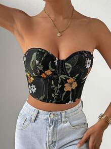 Chiquease Floral Embroidery Crop Tube Top - Black - View 4
