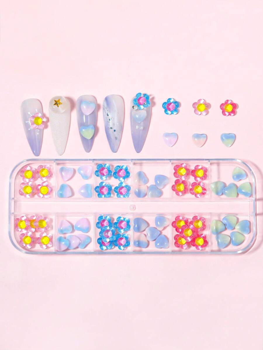 1盒混合花卉圖案和心形美甲飾品 - 彩色 - 查看 1