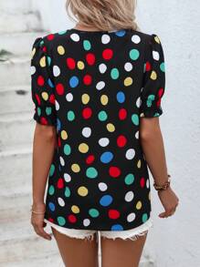 SHEIN LUNE Áo sơ mi nữ Nút phía trước Chấm bi Giải trí - màu đen - Xem 2