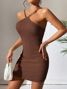 Zolique Đầm Lộ Lưng Ren lên Buộc lại màu trơn Gợi cảm - Cà phê nâu - Xem 3