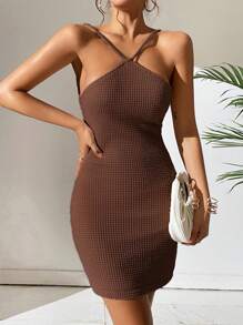 Zolique Đầm Lộ Lưng Ren lên Buộc lại màu trơn Gợi cảm - Cà phê nâu - Xem 4