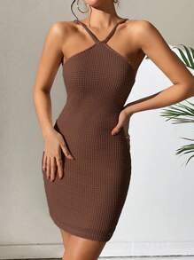 Zolique Đầm Lộ Lưng Ren lên Buộc lại màu trơn Gợi cảm - Cà phê nâu - Xem 6