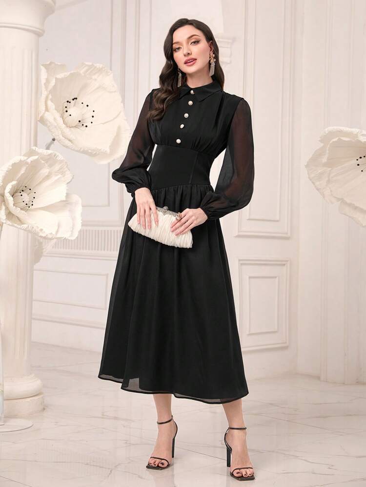 Contrast Mesh Lantern Sleeve Dress