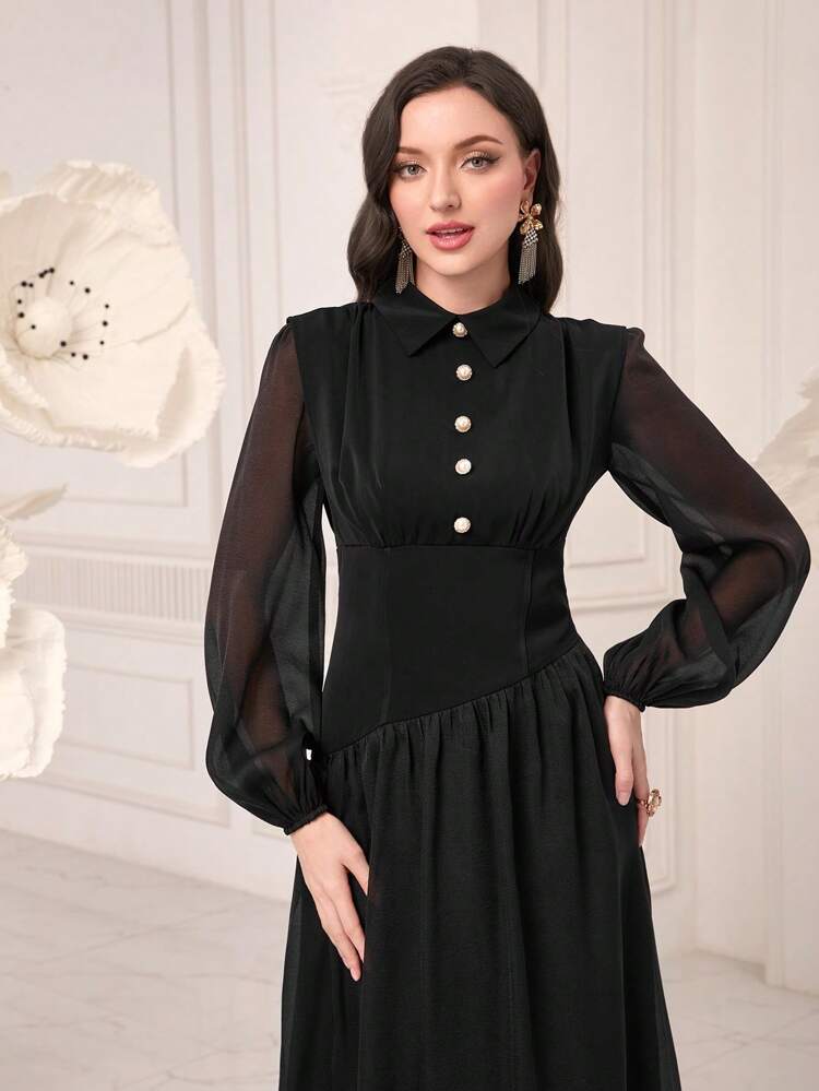 Contrast Mesh Lantern Sleeve Dress