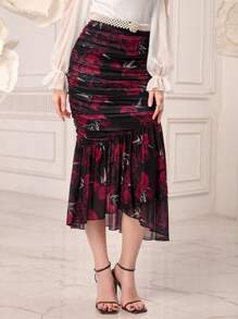 Modelyn Floral Print Ruched Ruffle Hem Mesh Skirt