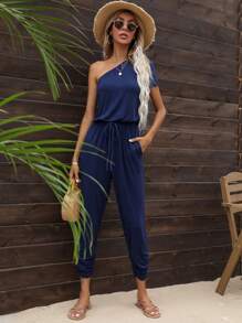 DEARCASE One Shoulder Drawstring Waist Ruched Hem Jumpsuit - Navy Blue - View 1
