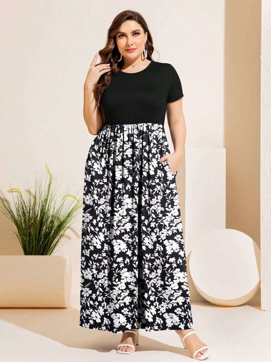 DEARCASE Đầm Plus Size Hoa Boho - Đen và trắng - Xem 1
