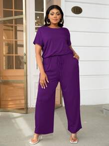 DEARCASE 大碼腰部抽繩闊腿連體褲 - 紫色 - 查看 1