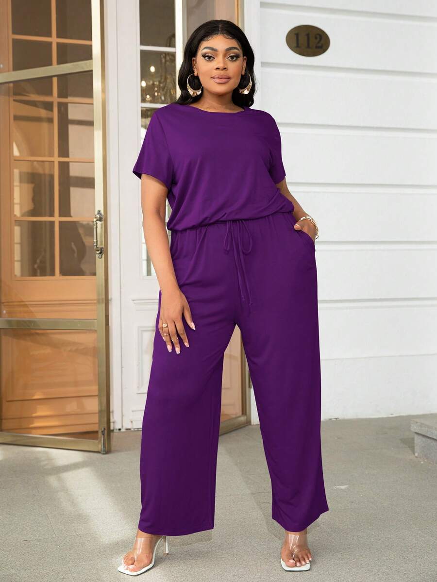 DEARCASE 大碼腰部抽繩闊腿連體褲 - 紫色 - 查看 1