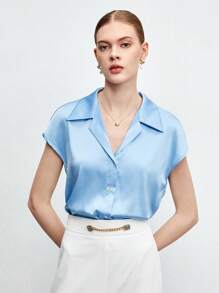 BizChic 素色蝙蝠袖緞面襯衫工作服 - 淺藍色 - 查看 6