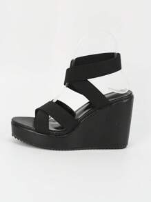 女性交叉踝帶時尚彈性坡跟涼鞋 - 黑色 - 查看 3