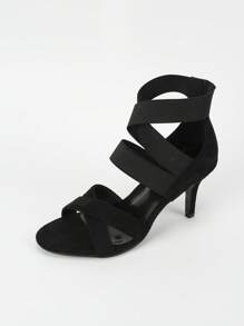 春夏女士高跟凉鞋，黑色高跟交叉弹力带罗马凉鞋 - 黑色 - 查看 3