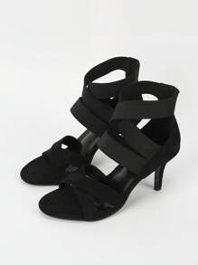春夏女士高跟凉鞋，黑色高跟交叉弹力带罗马凉鞋 - 黑色 - 查看 4