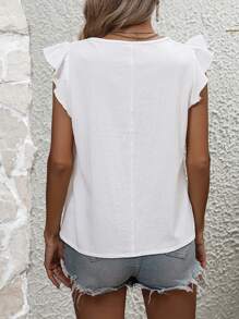 SHEIN LUNE Blusa con bordado geométrico de cuello con cordón y fleco ribete con fruncido - Blanco - Ver 2