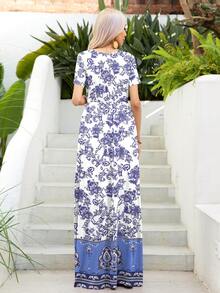 DEARCASE Floral Print A-line Dress - Blue and White - View 2