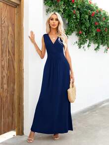 DEARCASE Solid V Neck A-line Dress - Navy Blue - View 5