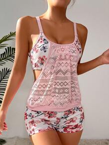 Swim Lushoire Summer Beach Floral Print Hollow Out Tankini - Multicolor - View 1