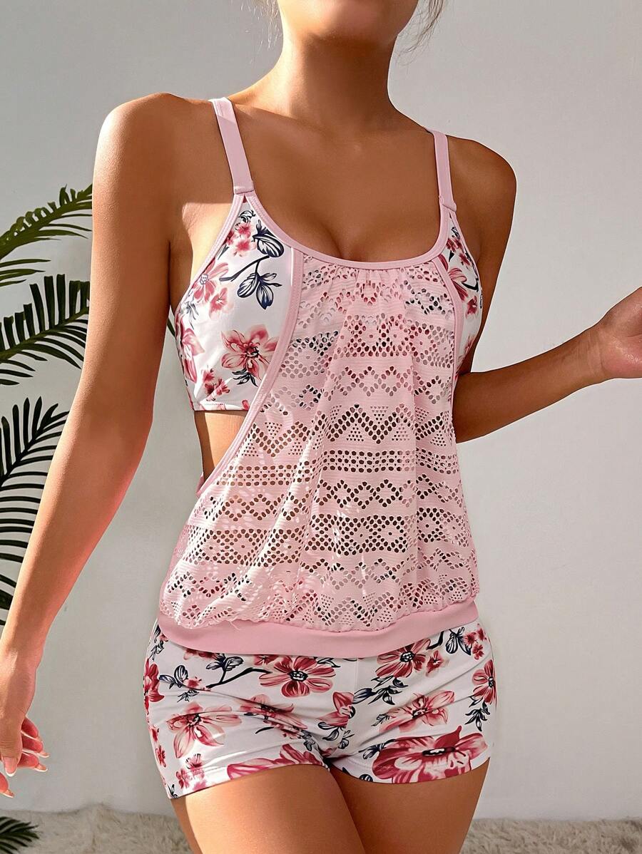 Swim Lushoire Summer Beach Floral Print Hollow Out Tankini - Multicolor - View 1