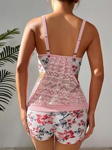 Swim Lushoire Summer Beach Floral Print Hollow Out Tankini - Multicolor - View 2