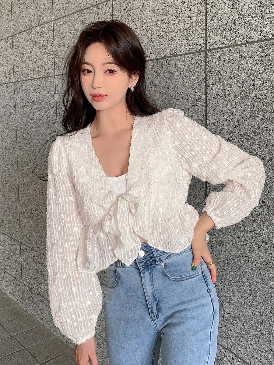 DAZY Blouse à manches longues avec volants et nœud devant