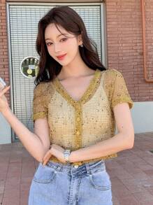 DAZY 鏤空前紐扣短款上衣不附文胸 - 卡其色 - 查看 1