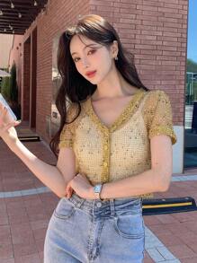 DAZY 鏤空前紐扣短款上衣不附文胸 - 卡其色 - 查看 5