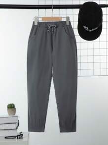 SHEIN Tween Boy Drawstring Waist Slant Pocket Pants Without Hat - Dark Grey - View 1