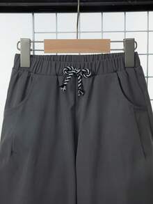 SHEIN Tween Boy Drawstring Waist Slant Pocket Pants Without Hat - Dark Grey - View 3