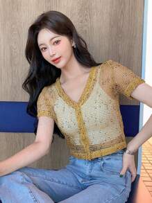 DAZY 鏤空前紐扣短款上衣不附文胸 - 卡其色 - 查看 9