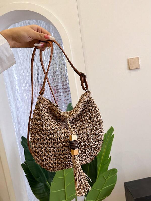 حقيبة قش مبسط صغير مزخرف بشرابة عطلة