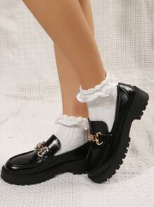 Women Metal Decor Shoes, Preppy Black Loafer Shoes - Black - View 1