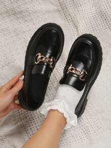 Women Metal Decor Shoes, Preppy Black Loafer Shoes - Black - View 6