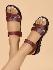 女士鉚釘裝飾平底時尚酒紅色踝帶平底涼鞋 - 酒紅色 - 查看 2