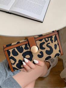 女士 PU 皮革经典复古豹纹三折长钱包手拿包，独立卡夹，生日礼物，大容量，办公室女士必备，时尚百搭长钱包 - 彩色 - 查看 1