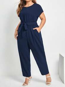 SHEIN Frenchy Plus Solid Belted Jumpsuit - Navy Blue - View 1