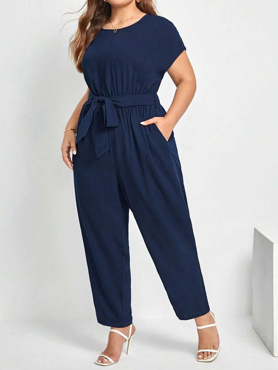 SHEIN Frenchy Plus Solid Belted Jumpsuit - Navy Blue - View 1