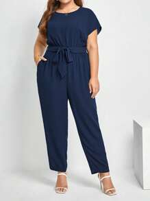 SHEIN Frenchy Plus Solid Belted Jumpsuit - Navy Blue - View 4
