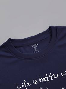 INAWLY Plus Cat And Slogan Graphic Tee Life Is Better With Cats And Books - Navy Blue - View 3