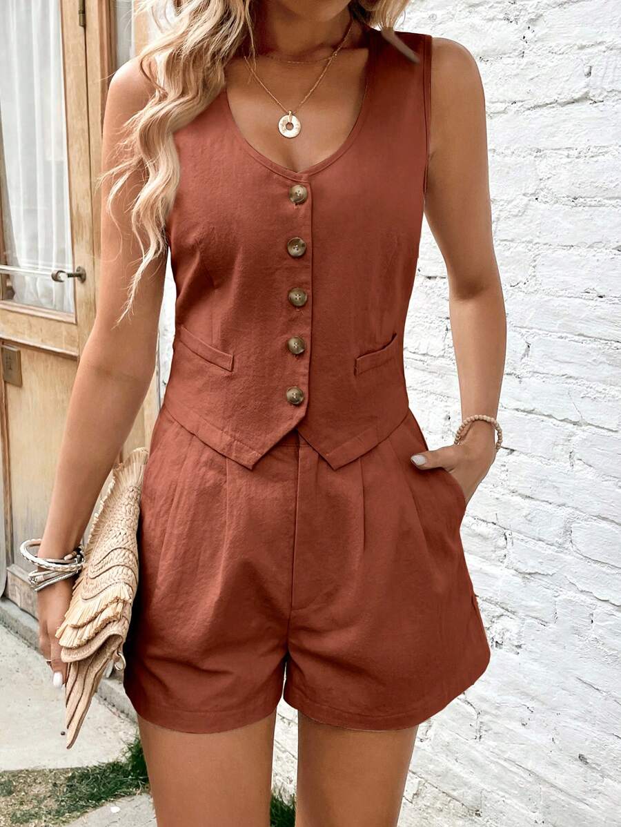 Chiquease Button Front Vest Blazer & Slant Pocket Shorts - Redwood - View 1