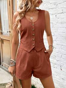 Chiquease Button Front Vest Blazer & Slant Pocket Shorts - Redwood - View 5