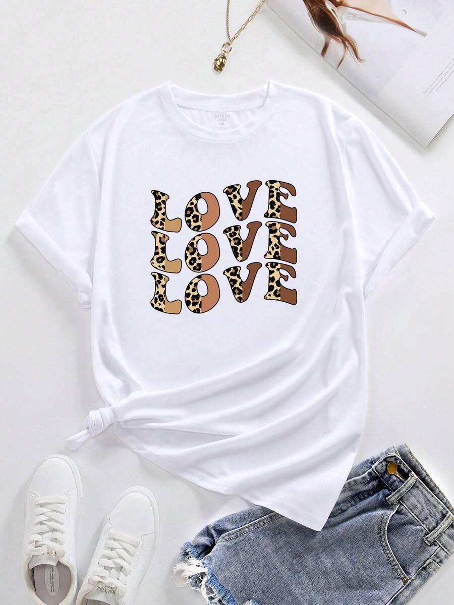 INAWLY 大碼豹紋和字母圖案T恤 - 白色 - 查看 1