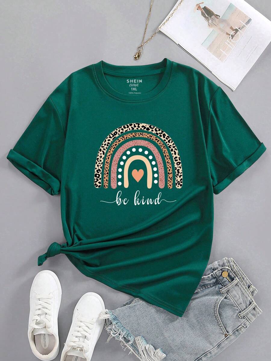 SHEIN LUNE Plus Heart And Slogan Graphic Tee - Dark Green - View 1